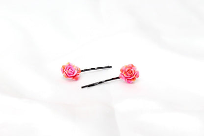 2x Hair Pins Bobby Pins Rose Flower Colourful Metal Grips Slide Pins Hair Clips