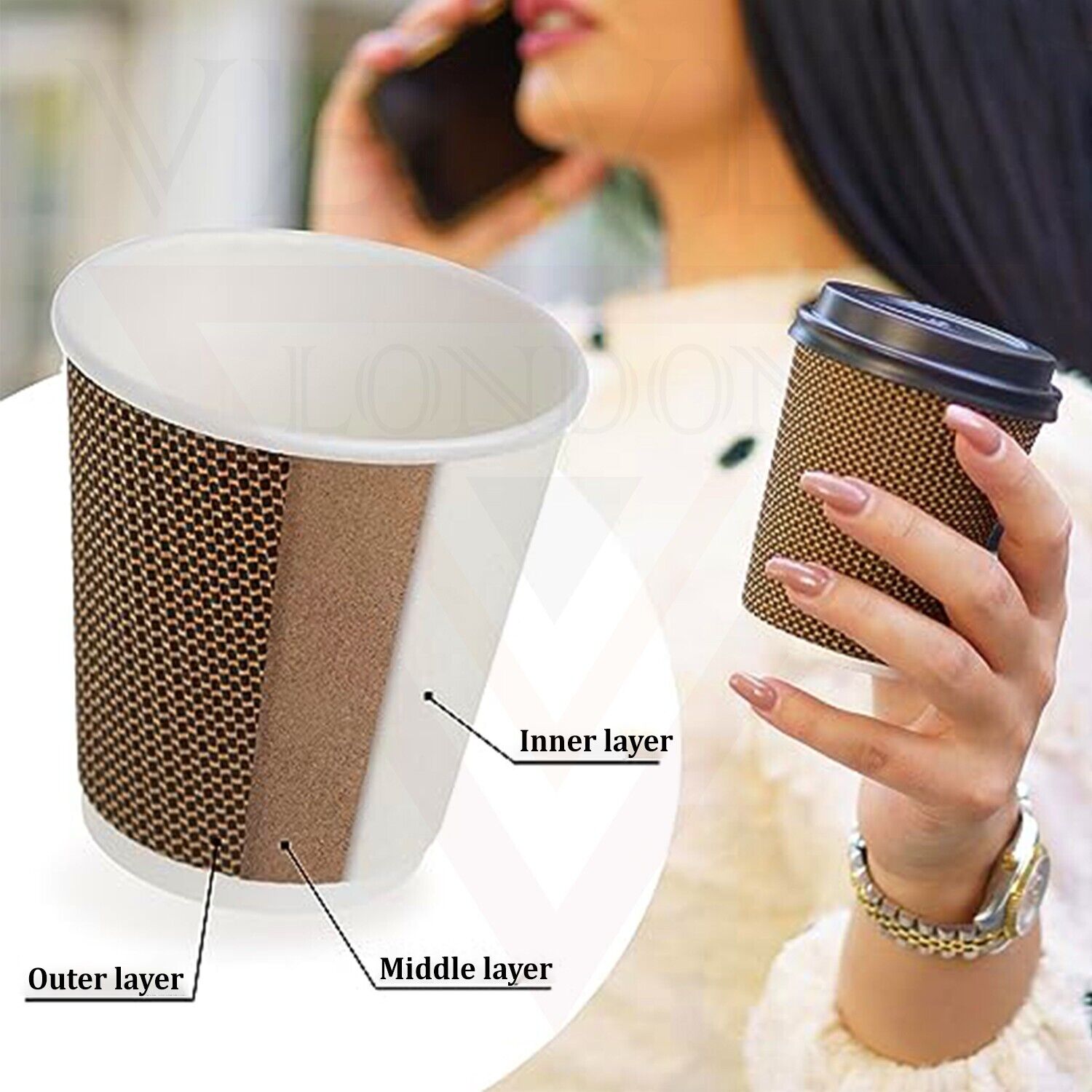 Disposable Paper Cups Ripple 3 Ply Paper Brown Cups Hot Coffee Tea Drinking Cup