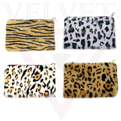 Fluffy Faux Fur Purse Animal Leopard Print Clutch Long Makeup Pouch Handbag