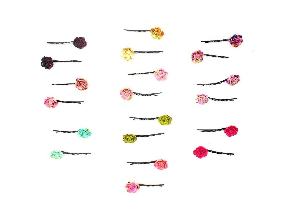 2x Hair Pins Bobby Pins Rose Flower Colourful Metal Grips Slide Pins Hair Clips