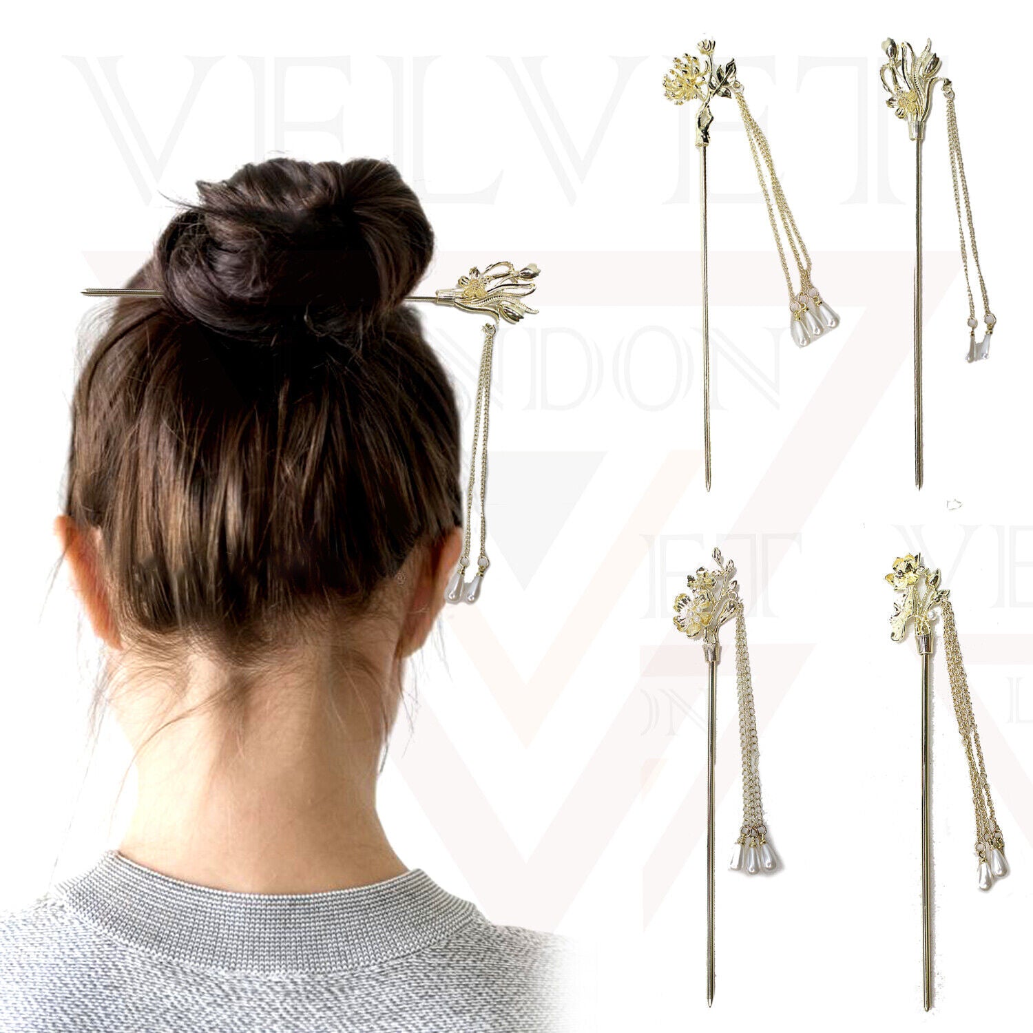 Dangle Chopsticks Golden Drop Hair Sticks Metal Pearl Floral Bun Holder Stick