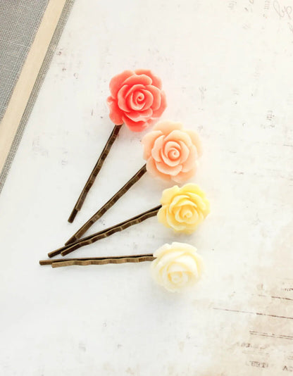 2x Hair Pins Bobby Pins Rose Flower Colourful Metal Grips Slide Pins Hair Clips