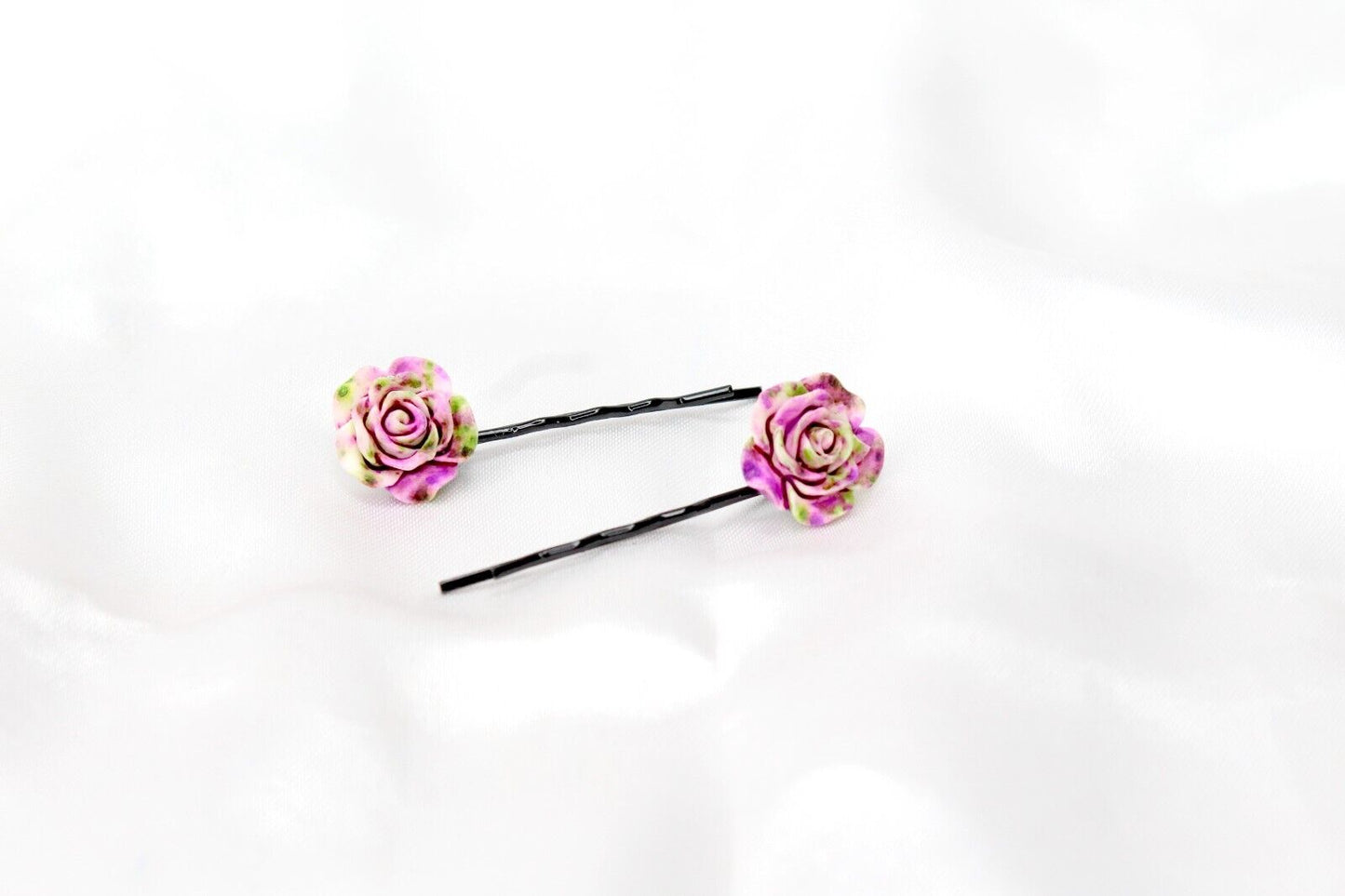 2x Hair Pins Bobby Pins Rose Flower Colourful Metal Grips Slide Pins Hair Clips