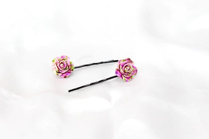 2x Hair Pins Bobby Pins Rose Flower Colourful Metal Grips Slide Pins Hair Clips