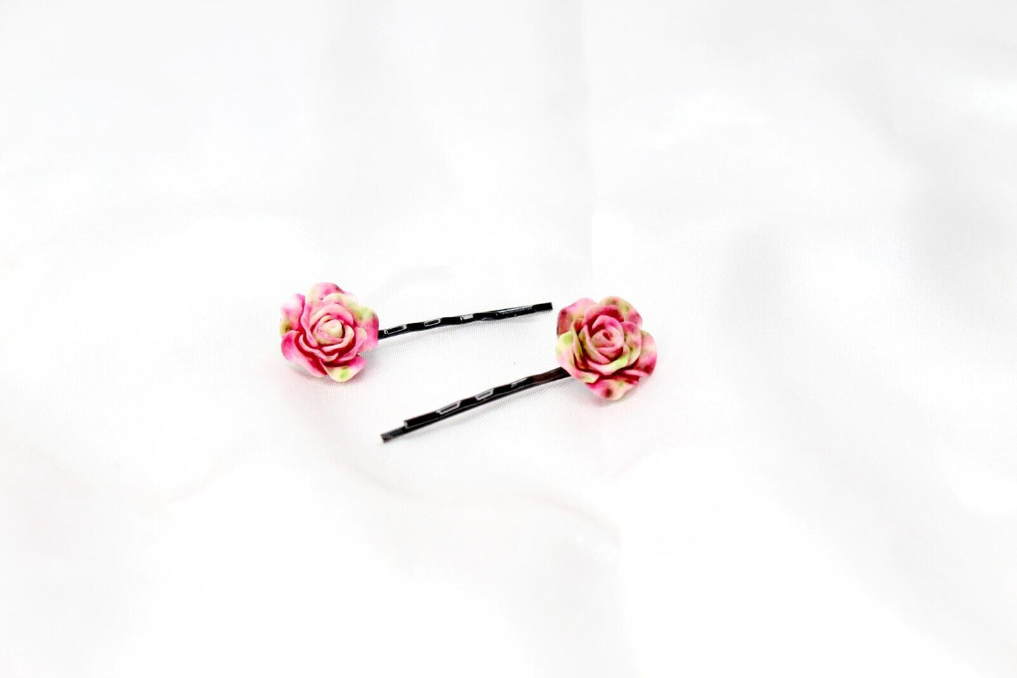 2x Hair Pins Bobby Pins Rose Flower Colourful Metal Grips Slide Pins Hair Clips