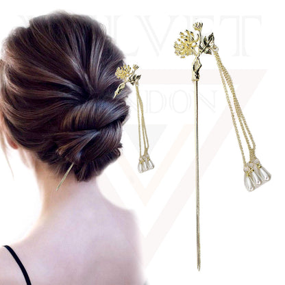 Dangle Chopsticks Golden Drop Hair Sticks Metal Pearl Floral Bun Holder Stick