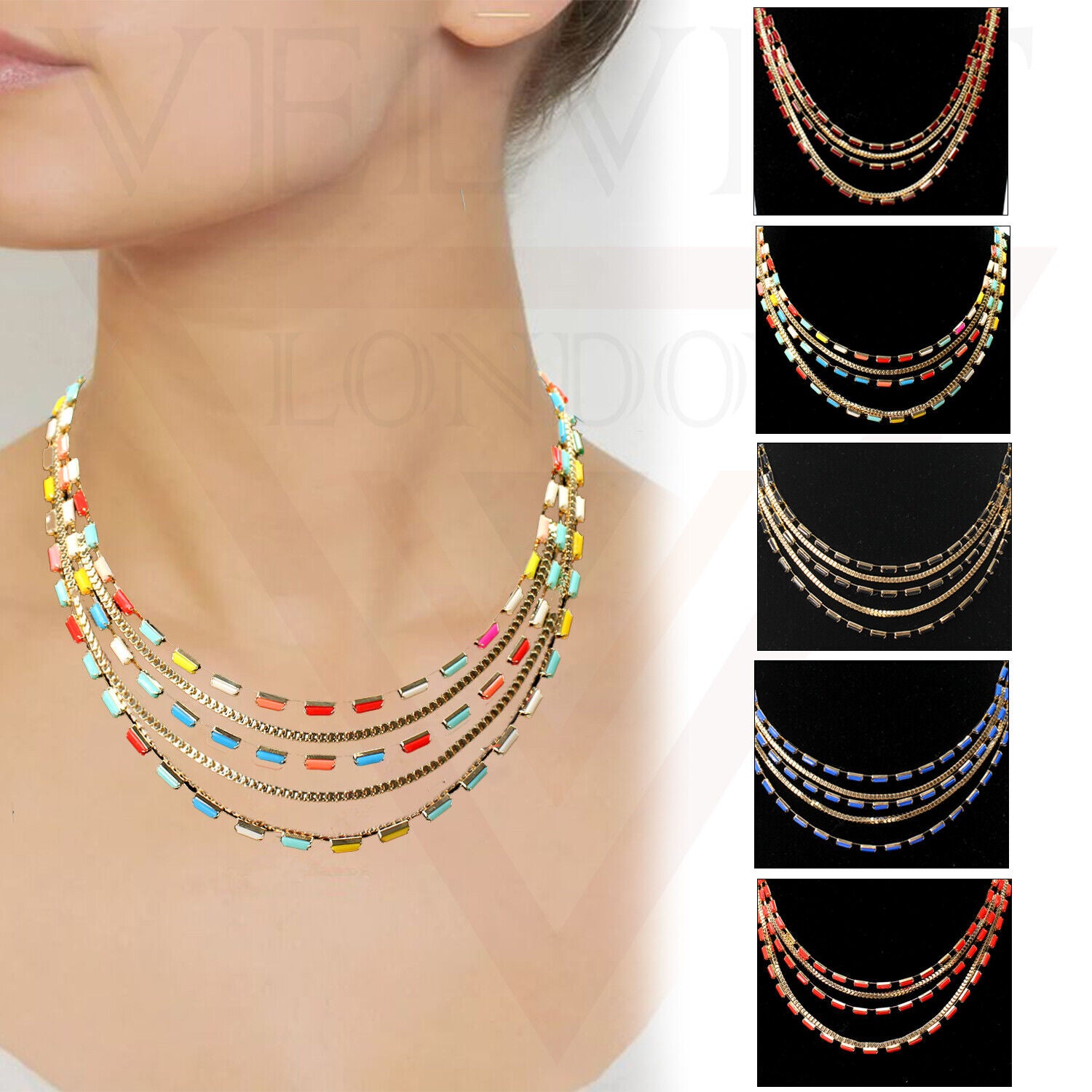 Stones Necklace Trendy Antique Multilayer Golden Chain Necklace Party Jewellery