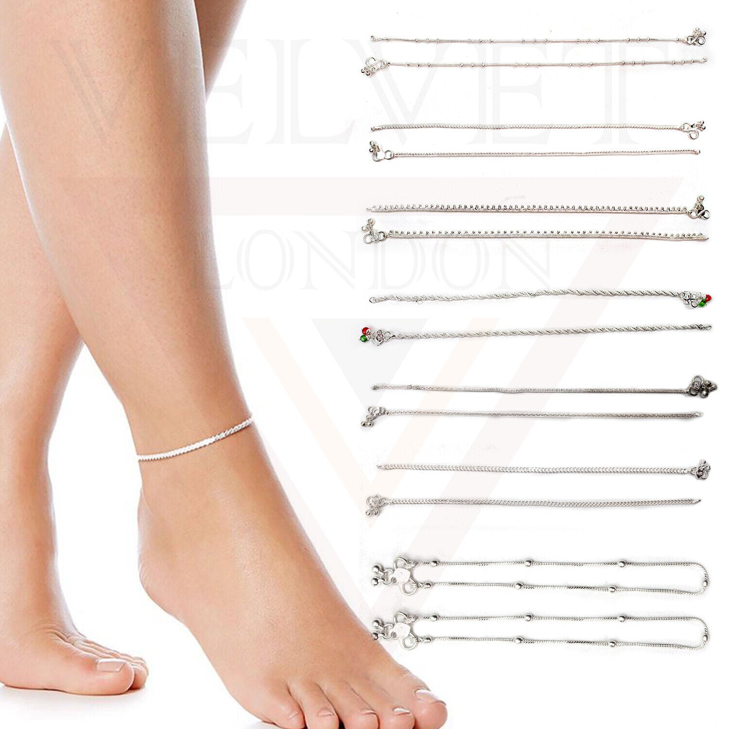 Silver Ball Chain Payal Indian Anklet Pair With Bells Foot Duel On Jewellery UK