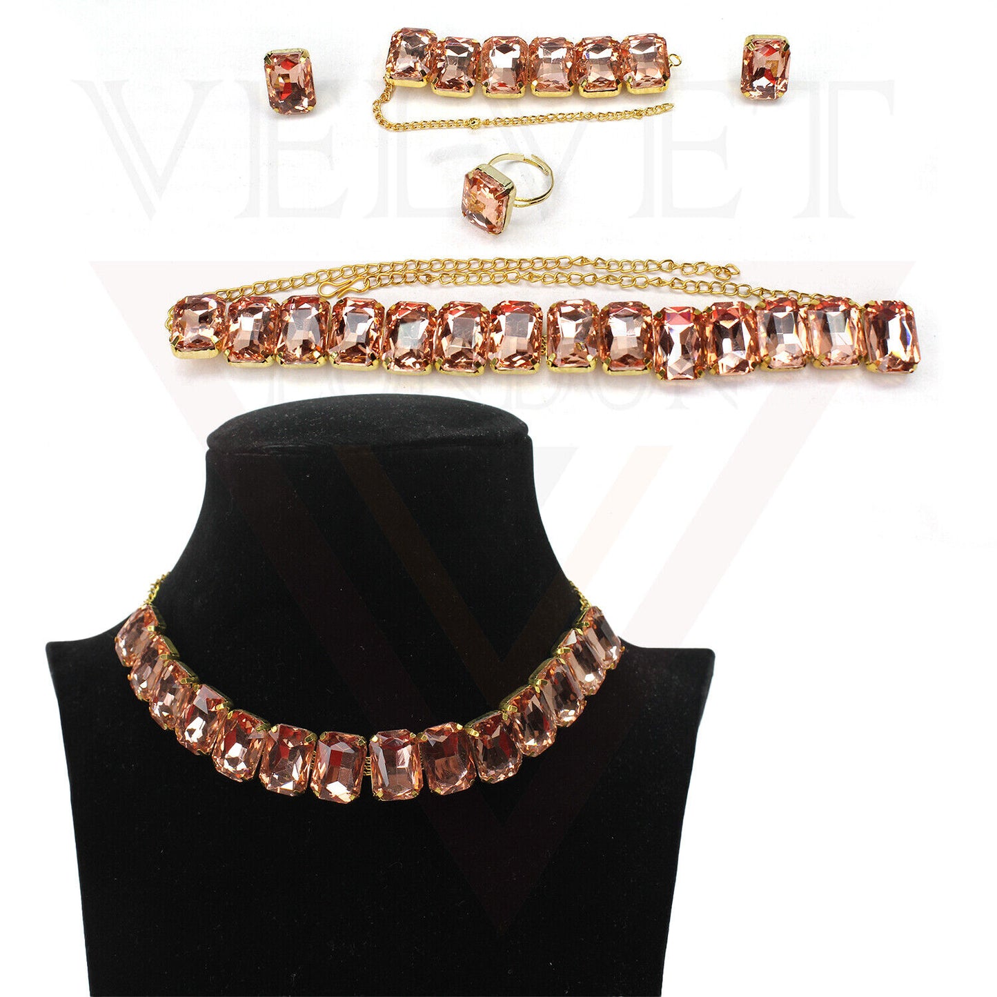 Stylish Crystal Bracelet Earrings Necklace Choker Ring Jewellery Set For Women