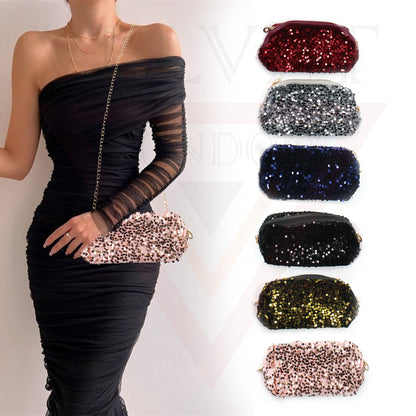 Sequin Long Chain Zip Shoulder Bag Sling Purse Handbag Makeup Phone Party Pouch