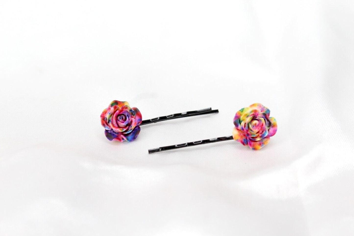 2x Hair Pins Bobby Pins Rose Flower Colourful Metal Grips Slide Pins Hair Clips