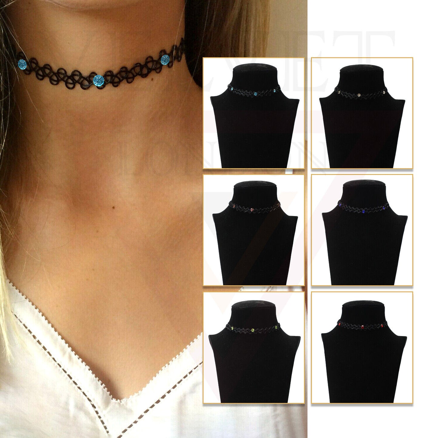 Necklace Elastic With Diamond Retro Style Tattoo Necklace Black Stretch Choker