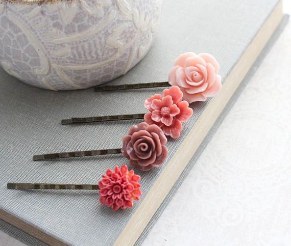 2x Hair Pins Bobby Pins Rose Flower Colourful Metal Grips Slide Pins Hair Clips