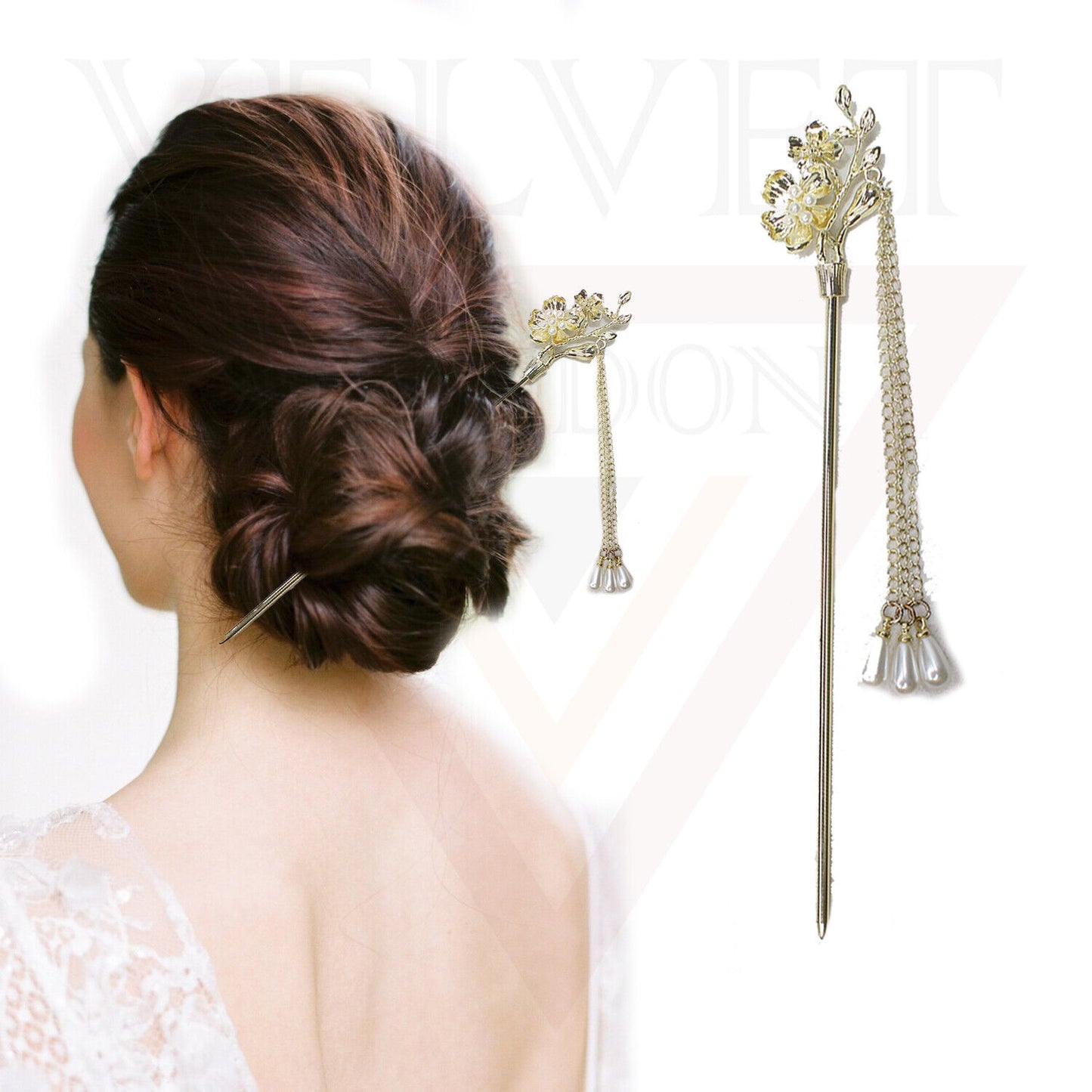 Dangle Chopsticks Golden Drop Hair Sticks Metal Pearl Floral Bun Holder Stick