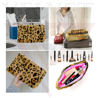 Fluffy Faux Fur Purse Animal Leopard Print Clutch Long Makeup Pouch Handbag