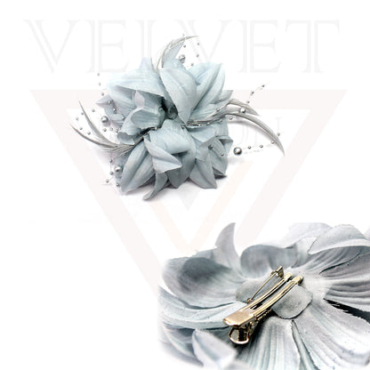 Grey Flower Feather Bead Hair Clip Pin Broach Headpiece