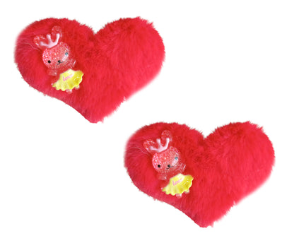 2x Pom Pom Furry Heart Fur Hair Clips Alligator Snap Pins