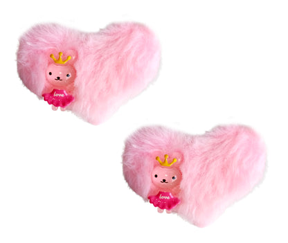 2x Pom Pom Furry Heart Fur Hair Clips Alligator Snap Pins