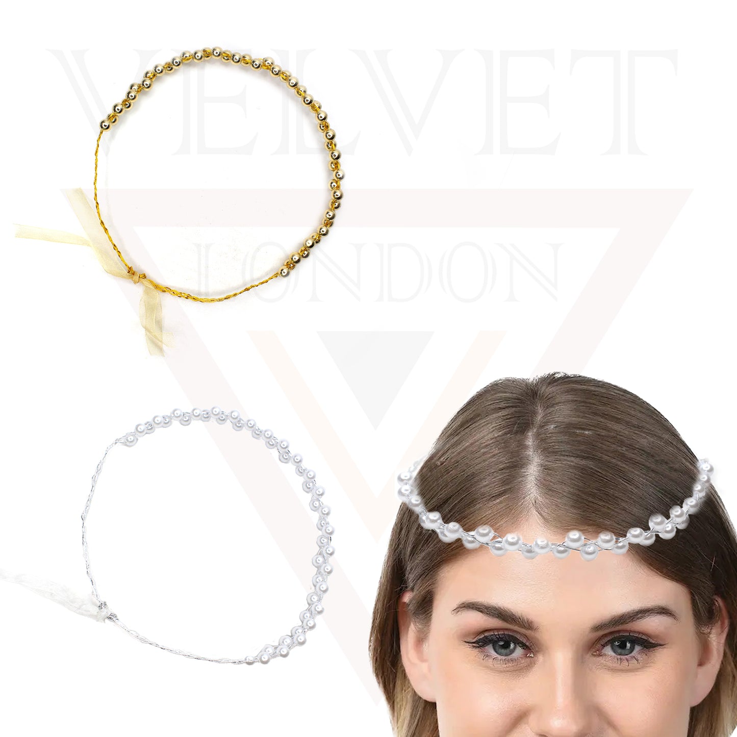 Big Pearl Tiara Crown Headband Twin Pearl With Wire Ribbon