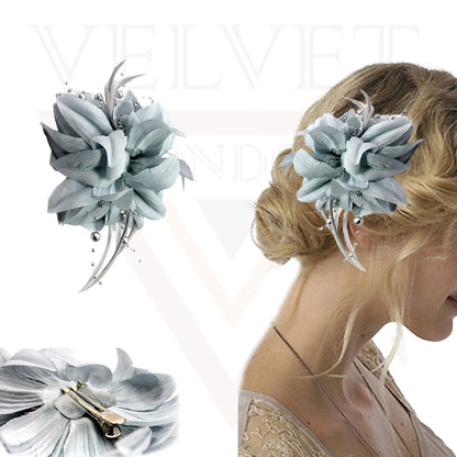 Grey Flower Feather Bead Hair Clip Pin Broach Headpiece