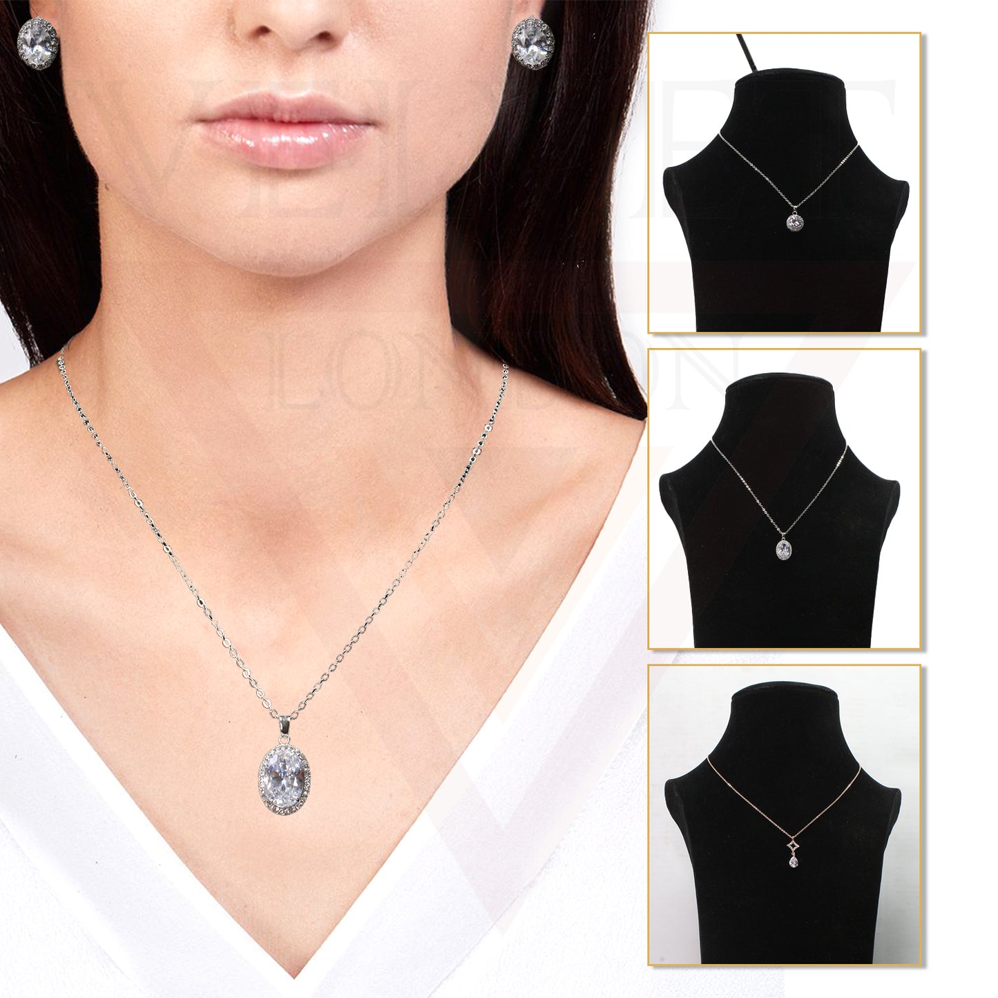 Crystal Pendant Necklace Earrings Set Silver Chain Jewelry Sets
