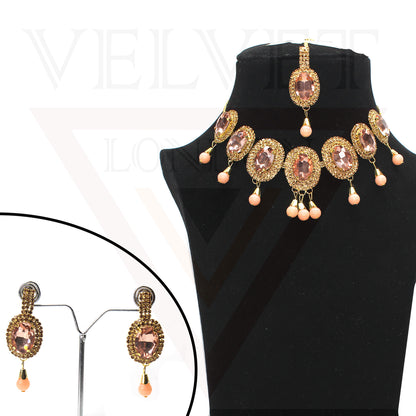 Necklace Earrings Tika Oval Crystal Drop Pearl Jewellery Sets