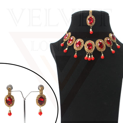 Necklace Earrings Tika Oval Crystal Drop Pearl Jewellery Sets