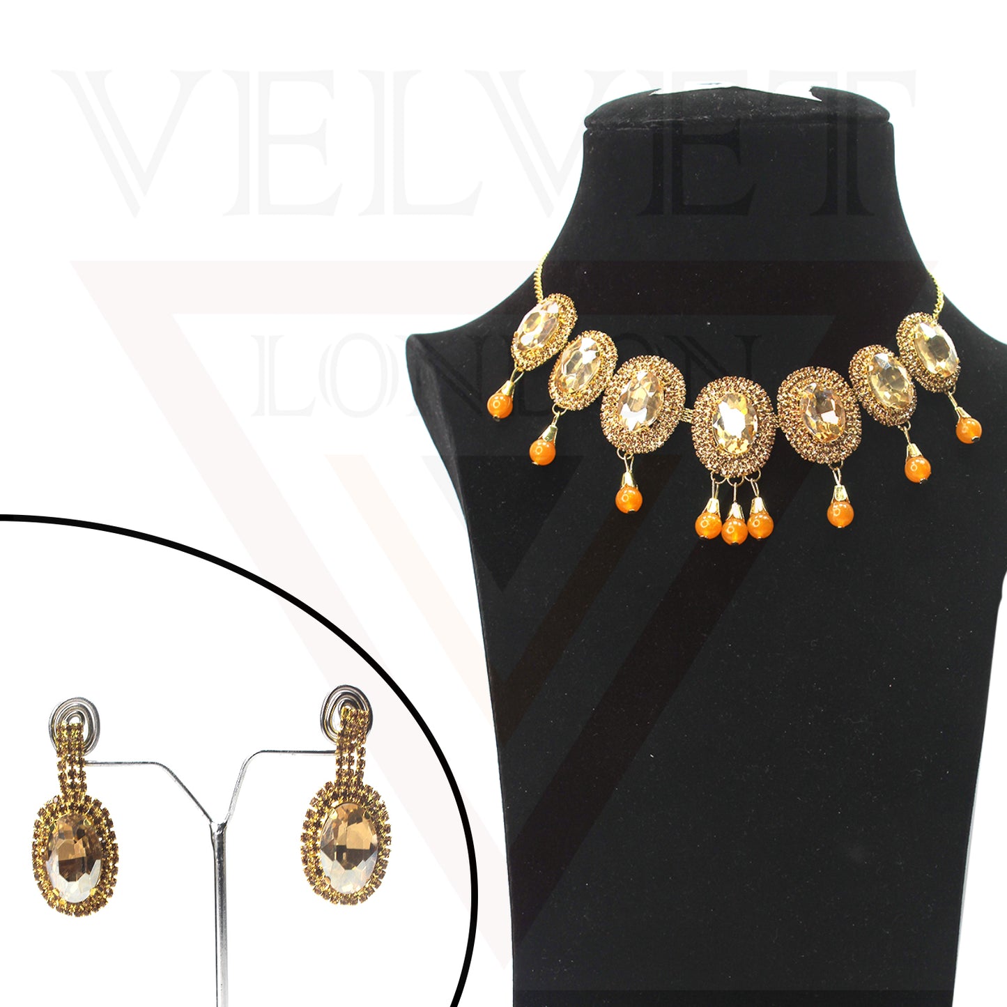 Necklace Earrings Tika Oval Crystal Drop Pearl Jewellery Sets