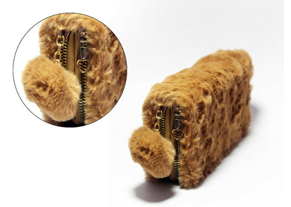 Fluffy Fur Handbag Long 2 Zip Purse Wallet Pompom Charm Clutch Bag