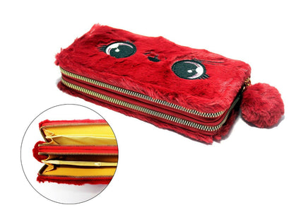 Fluffy Fur Handbag Long 2 Zip Purse Wallet Pompom Charm Clutch Bag