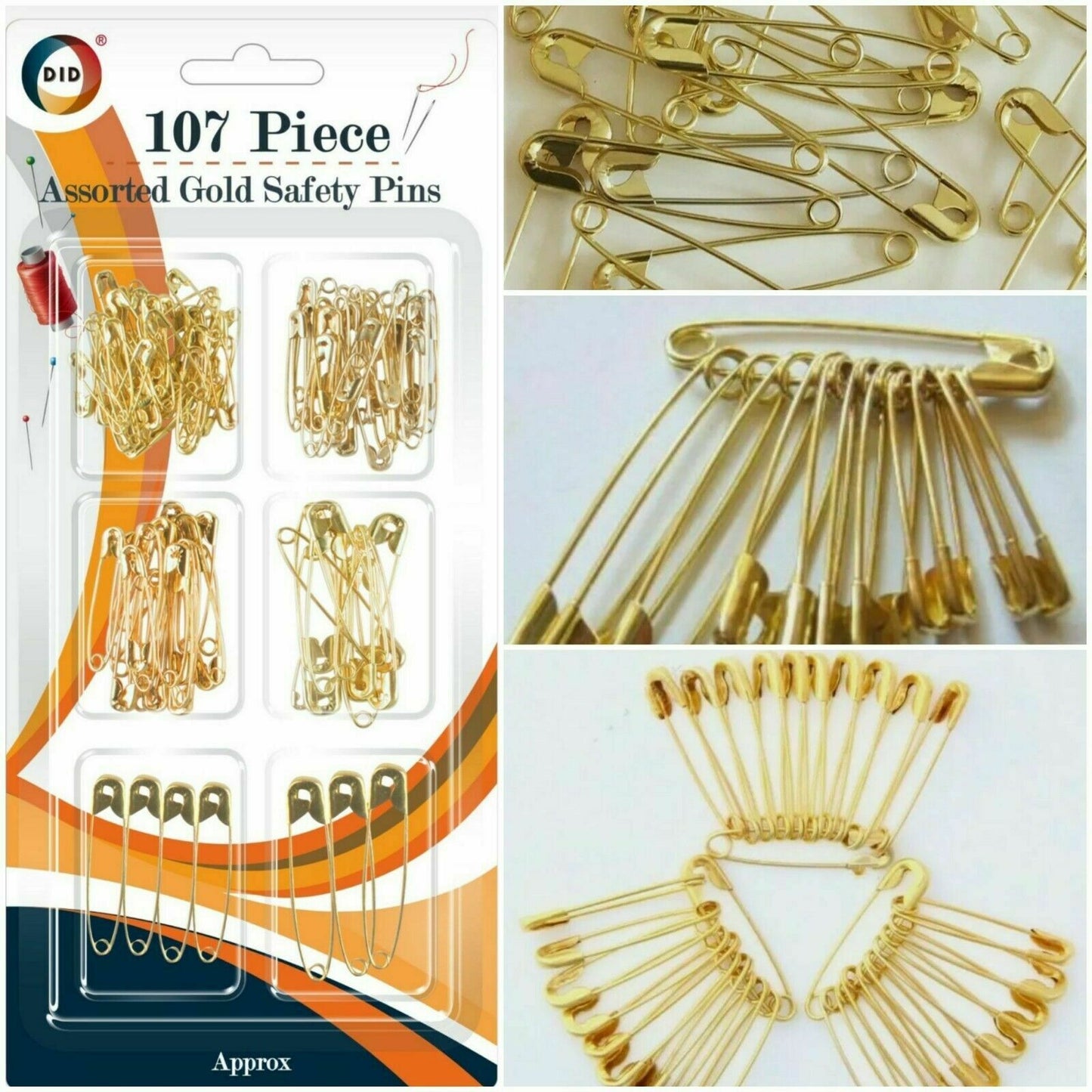 Golden Safety Pins 6 Size Assorted Metal Craft Sewing 107Pcs