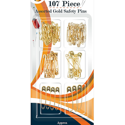 Golden Safety Pins 6 Size Assorted Metal Craft Sewing 107Pcs