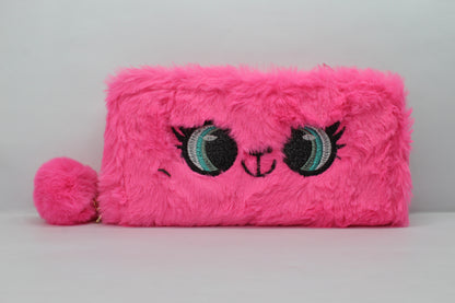 Fur Handbag 2 Zip Purse Plush Cute Wallet PomPom Charm Clutch Bag