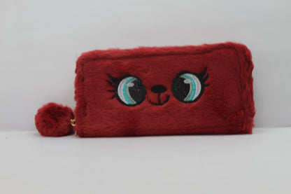 Fur Handbag 2 Zip Purse Plush Cute Wallet PomPom Charm Clutch Bag